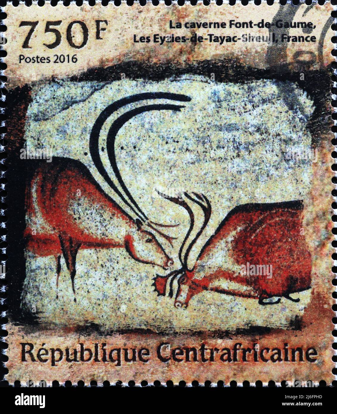 Prähistorische Darstellungen von Hirschen auf Briefmarke Stockfoto