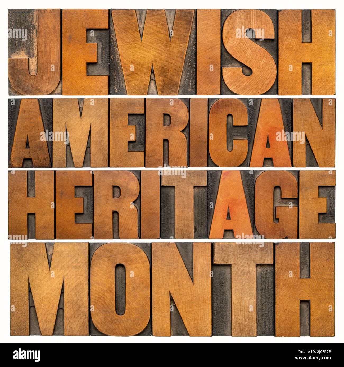 Jewish American Heritage Month - isoliert Wort abstrakt in Vintage-Buchdruck Holzart, Jude Erbe und Tradition Konzept Stockfoto