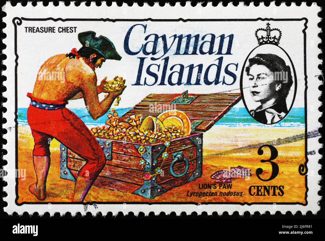 Schatzkiste und Pirat auf Briefmarke der Cayman-Inseln Stockfoto