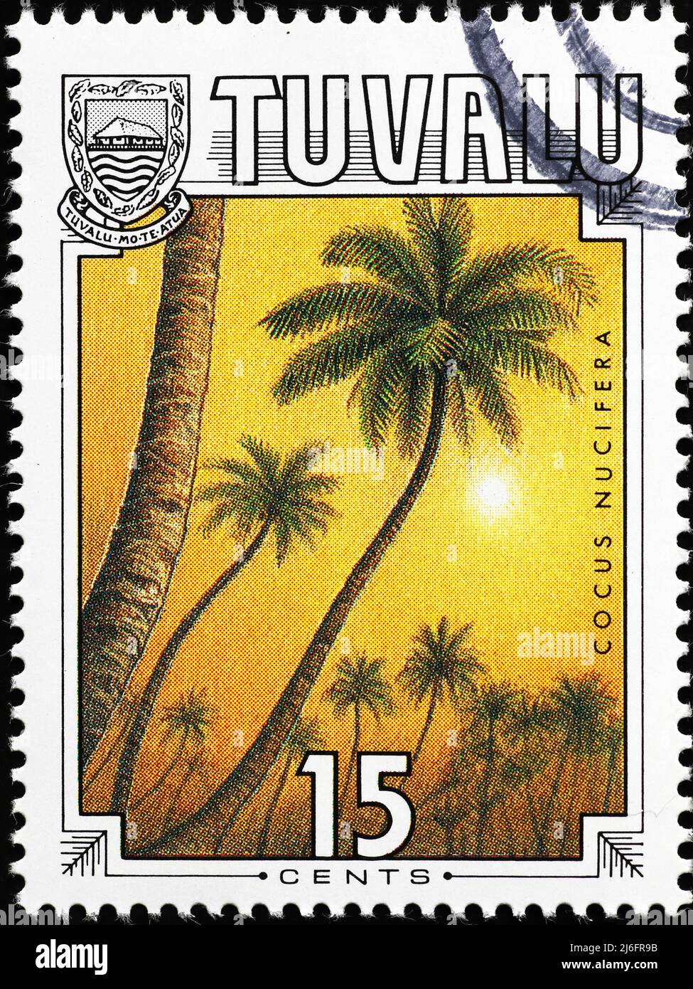 Tropische Palmen auf Briefmarke von Tuvalu Stockfoto