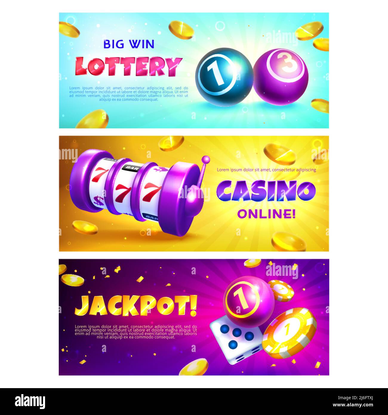 Lotterie-Banner mit realistischen Kugeln mit Gewinnkombinationen Zahlen. Glücksspiel-Spiele-Poster mit Spielautomaten mit glücklichen drei Siebener Jackpot, Gold Poker und Casino-Chips und fliegenden glänzenden Münzen. Stock Vektor