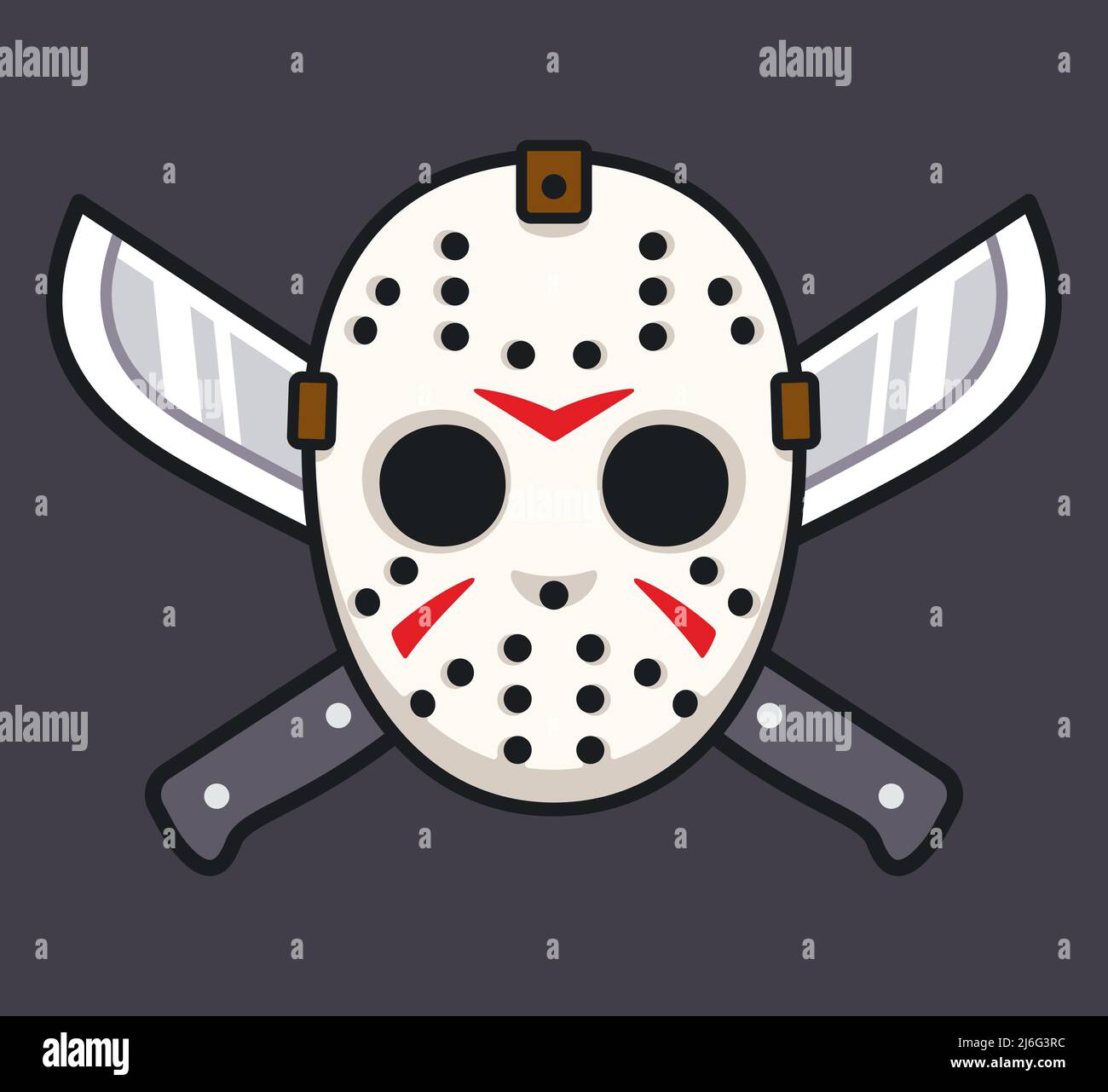 Serienmörder Hockey Maske mit zwei Macheten, Halloween oder Freitag 13 Horrorzeichnung. Cartoon-Vektorgrafik. Stock Vektor