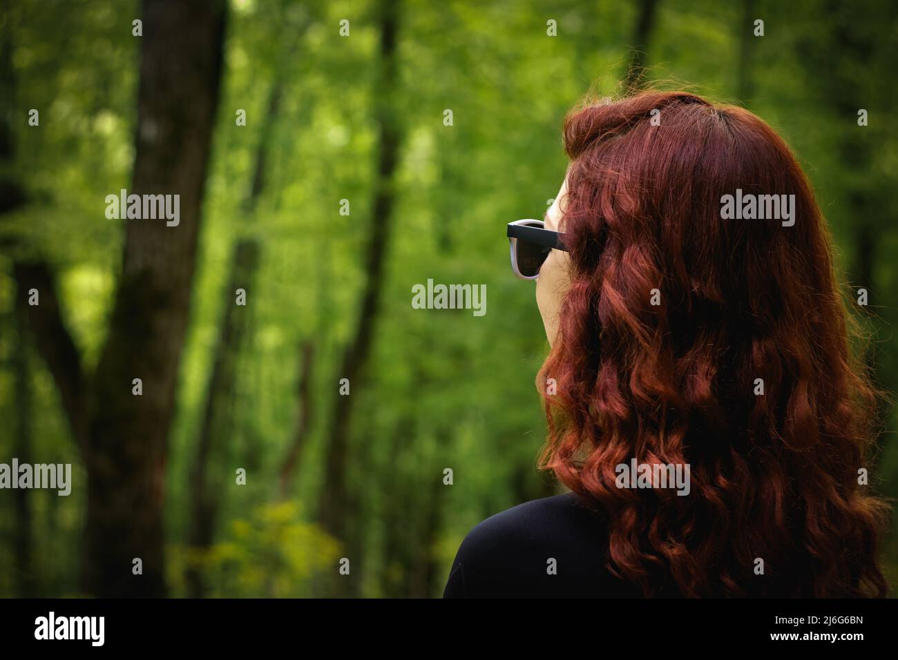 Junge Frau denkt und beobachtet magische Bäume in Wäldern Landschaft. Stockfoto