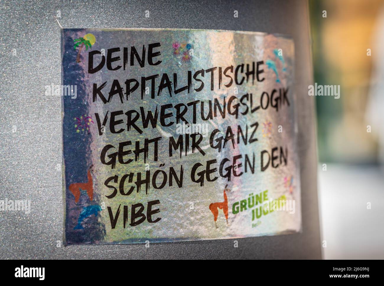 Junge Grüne (Grüne Jugend) Werbeaufkleber auf einer Laternenpfosten in Deutschland, Europa Stockfoto