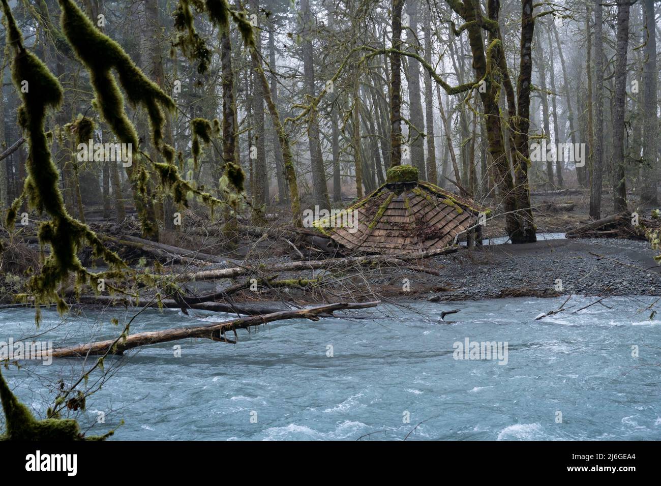 Eine verlassene Picknickhütte am Ufer des Elwha River entlang der temporären Fußwegumgehung der Olympic Hot Springs Road im Olympic National Park, W Stockfoto