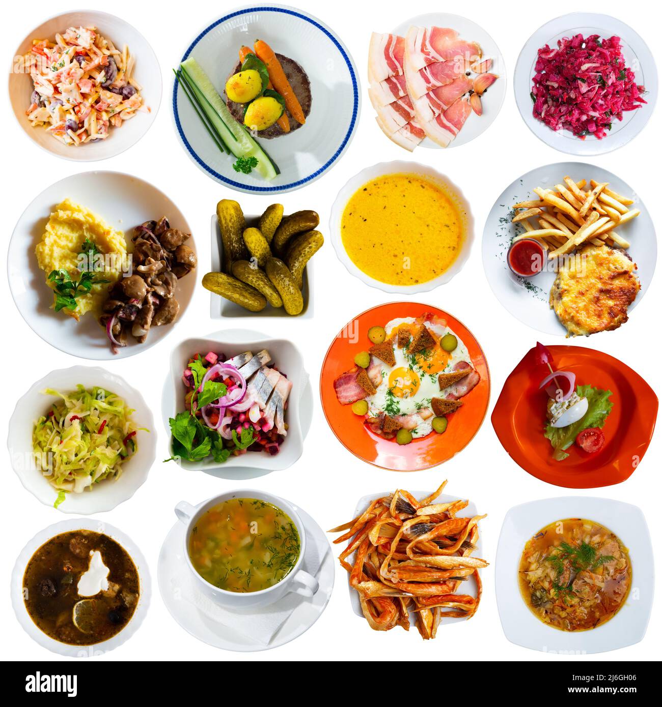 Set von russischen Gerichten isoliert auf weiß Stockfoto