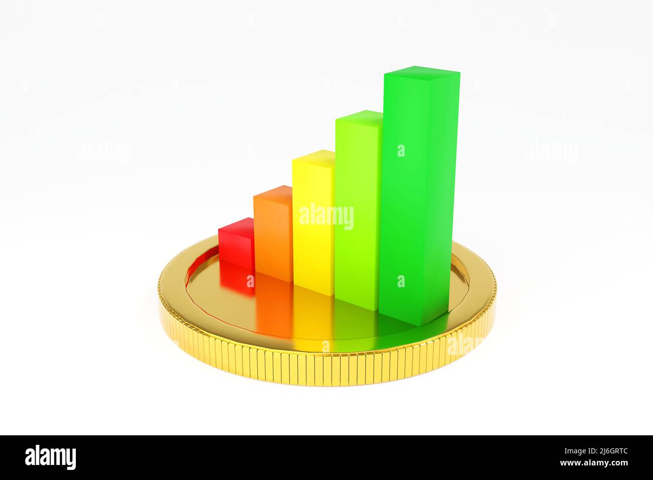 Geschäftsdiagramm oder Balkendiagramm auf Goldmünze. Wachstumsgeschäft und Finanzkonzept. 3D Rendern. Stockfoto