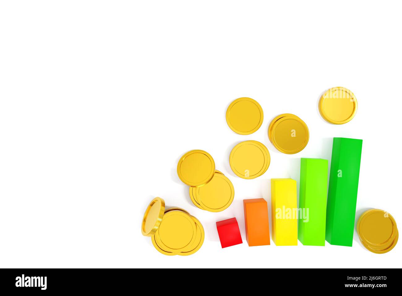 Business-Diagramm oder Balkendiagramm mit Stapel von Goldmünze. Wachstumsgeschäft und Finanzkonzept. Draufsicht 3D Render. Stockfoto