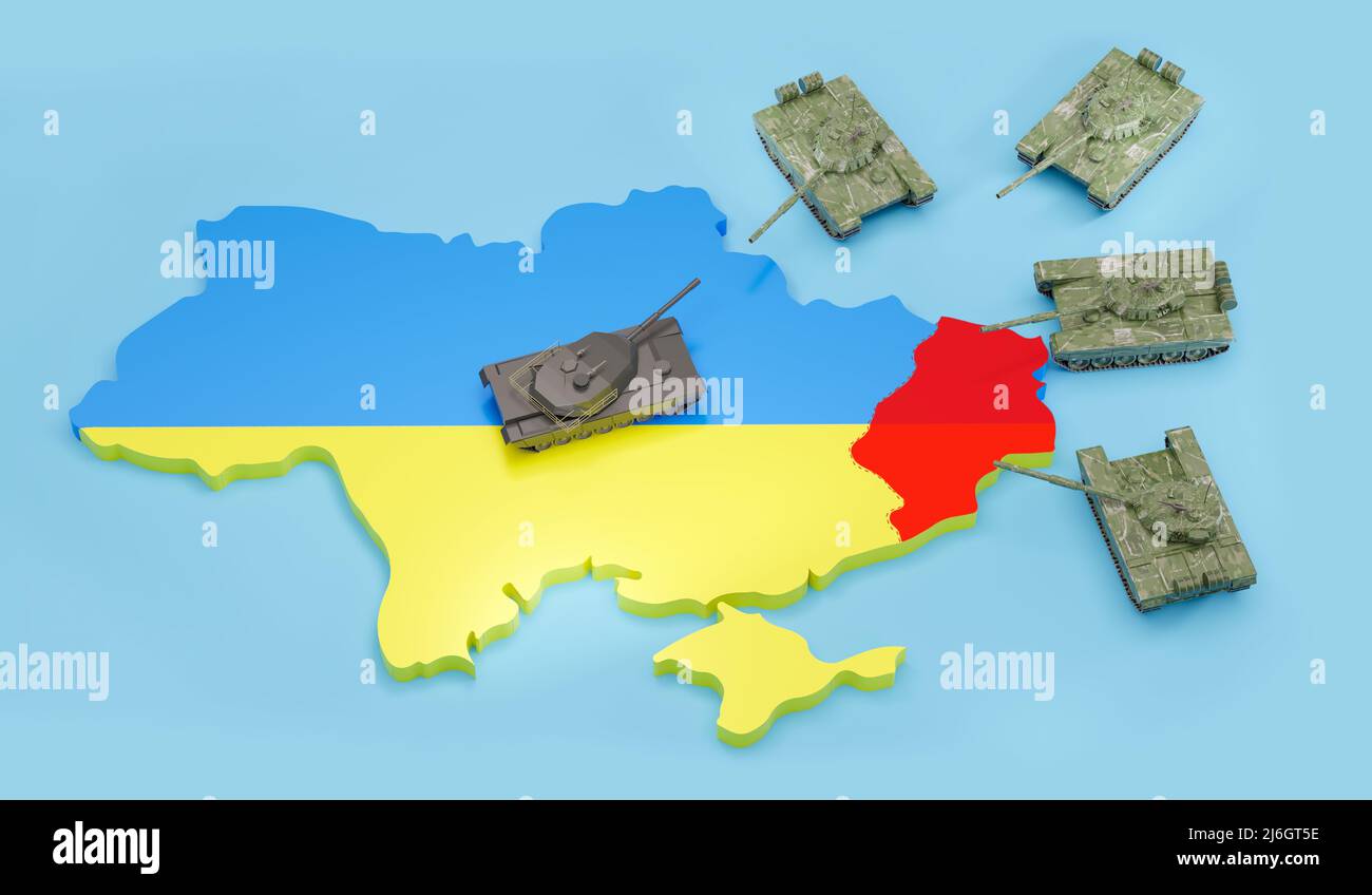 Die Spannungen zwischen Russland und der Ukraine eskalieren an der Grenze zur Region Donbass, 3D Rendering. Stockfoto