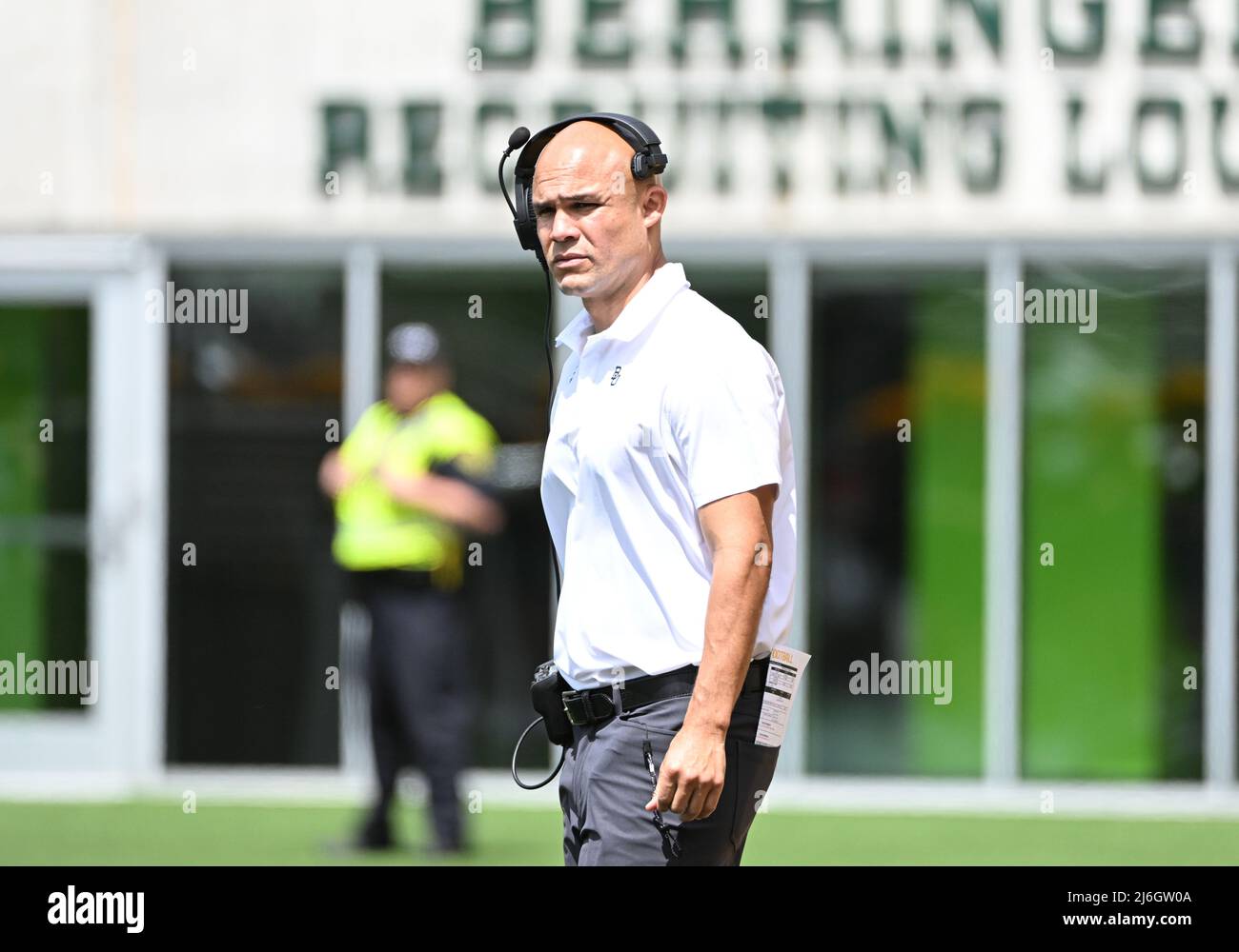 April 23 2022: Baylor trägt Cheftrainer Dave Aranda während des NCAA Spring Scrimmage Football-Spiels im McLane Stadium in Waco, Texas. Matthew Lynch/CSM Stockfoto