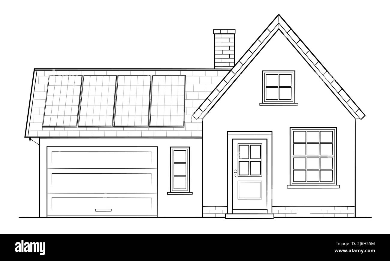 Klassisches Einfamilienhaus mit Solarpanel - Grundriss eines Gebäudes Stock Vektor