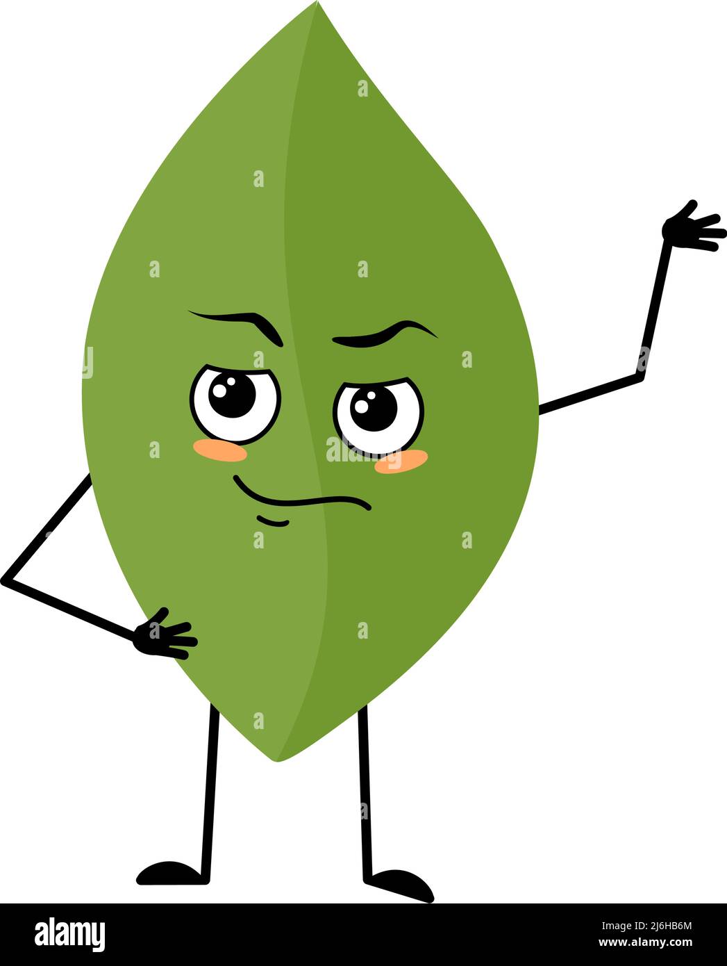 Blatt Charakter mit Emotionen des Helden, tapferes Gesicht, Arme und Bein. Person mit Mut Ausdruck, grüne Pflanze Emoticon. Vektorgrafik flach Stock Vektor