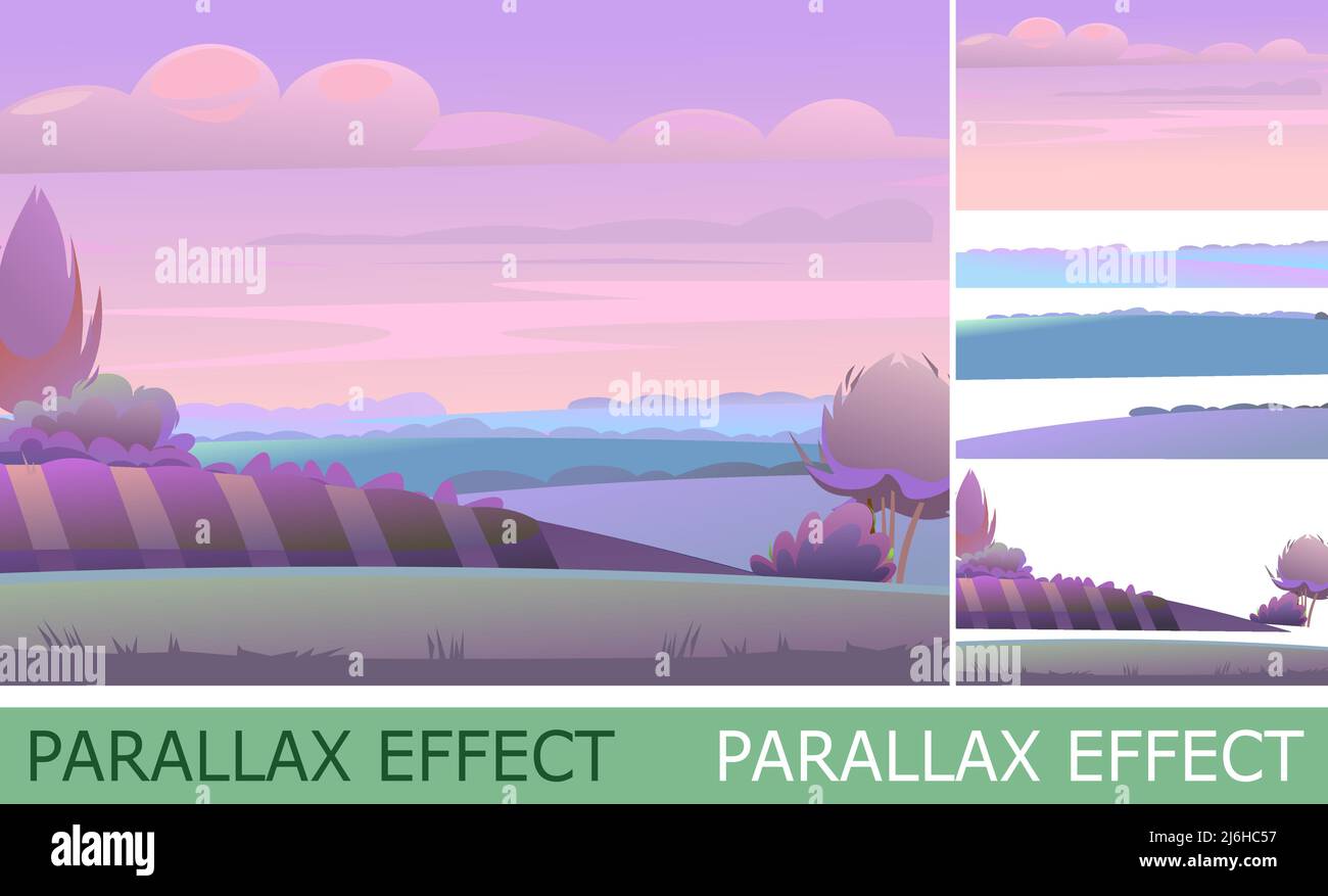 Abendlandschaft mit Parallaxeneffekt. Ländliche Landschaft schöne Aussicht. Dämmerung nach Sonnenuntergang. Früh am Morgen vor Sonnenaufgang. Felder und Wiesen. Stock Vektor