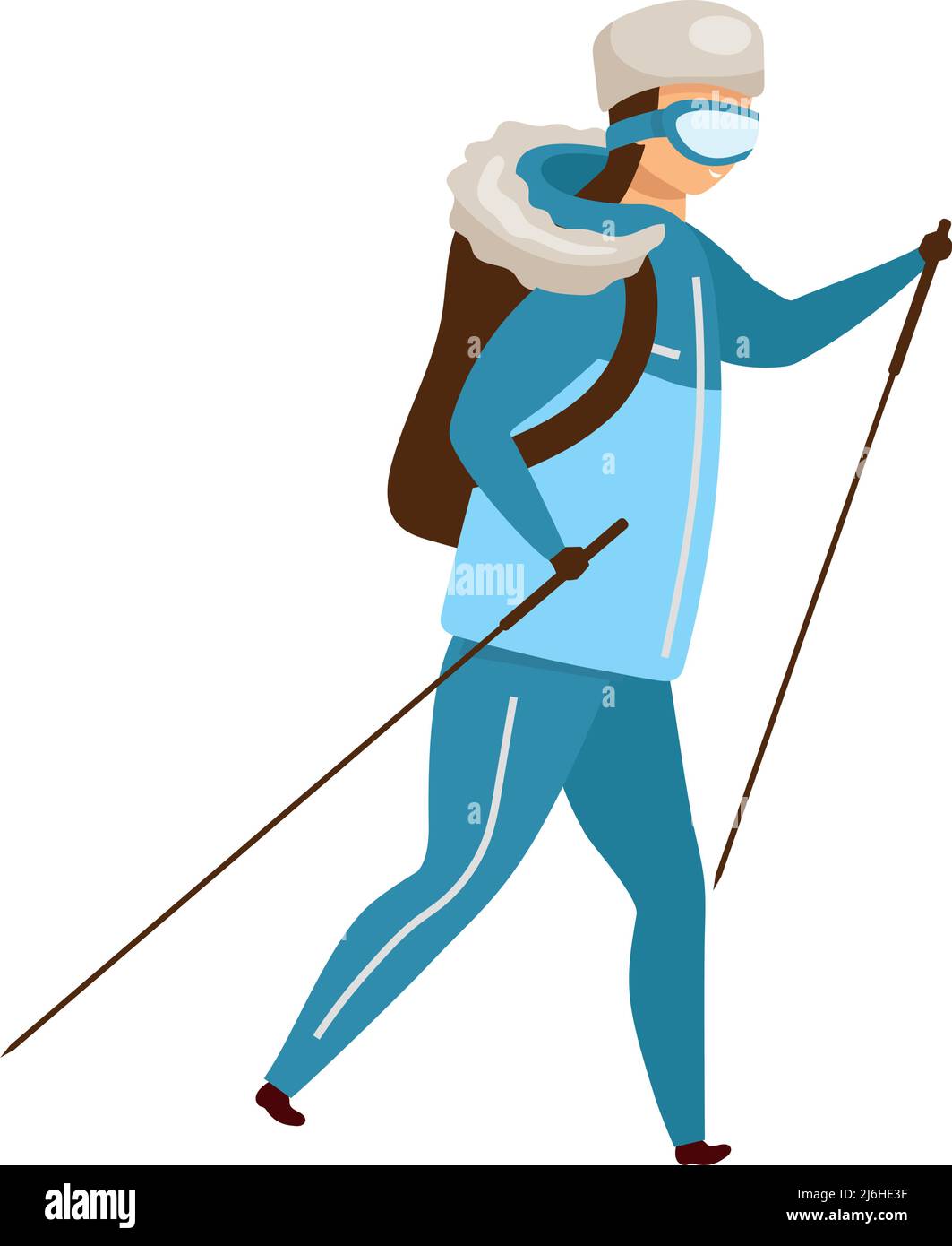 Mädchen mit warmer Kleidung und Trekkingstöcke halb flache Farbe Vektor Charakter Stock Vektor