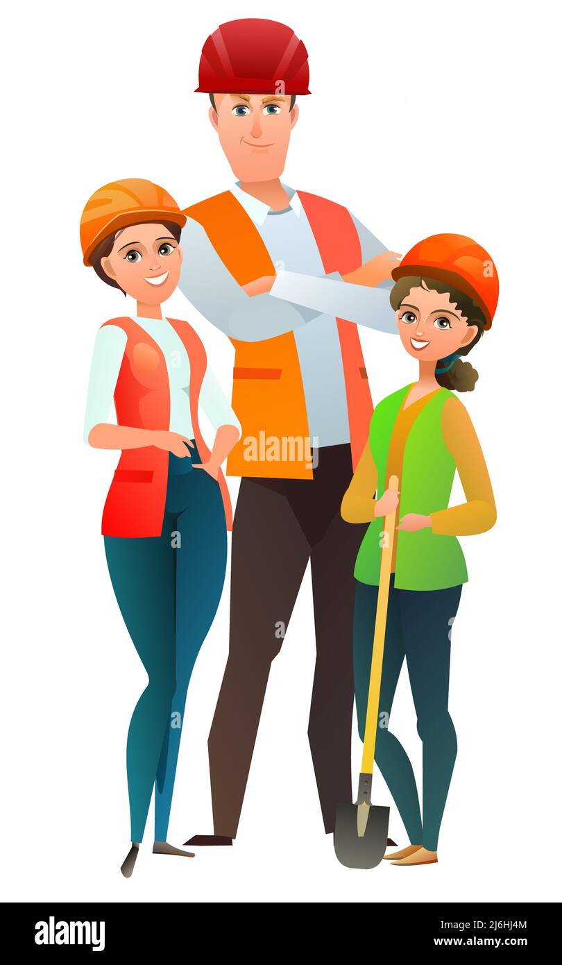 Mann und Frau und Kind Tochter Baumeister in Weste und Schutzhelm. Fröhliche Person. Stehende Pose. Flaches Design im Comic-Stil. Einzeln Stock Vektor