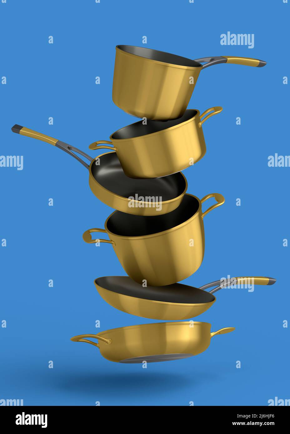 Set aus fliegendem Stewpot aus Edelstahl, Bratpfanne und Kochgeschirr aus verchromtem Aluminium auf blauem Hintergrund. 3D Render von antihaftbeschichteter Küchenutensilien Stockfoto