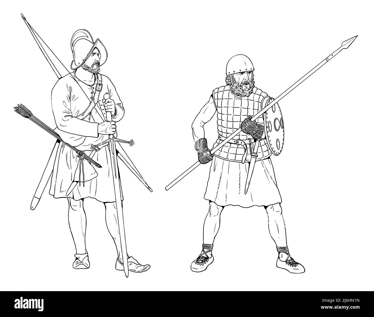 Irischer Krieger aus der Galowglass. Elite-Söldner-Krieger. Mittelalterliche Ritter Illustration. Stockfoto