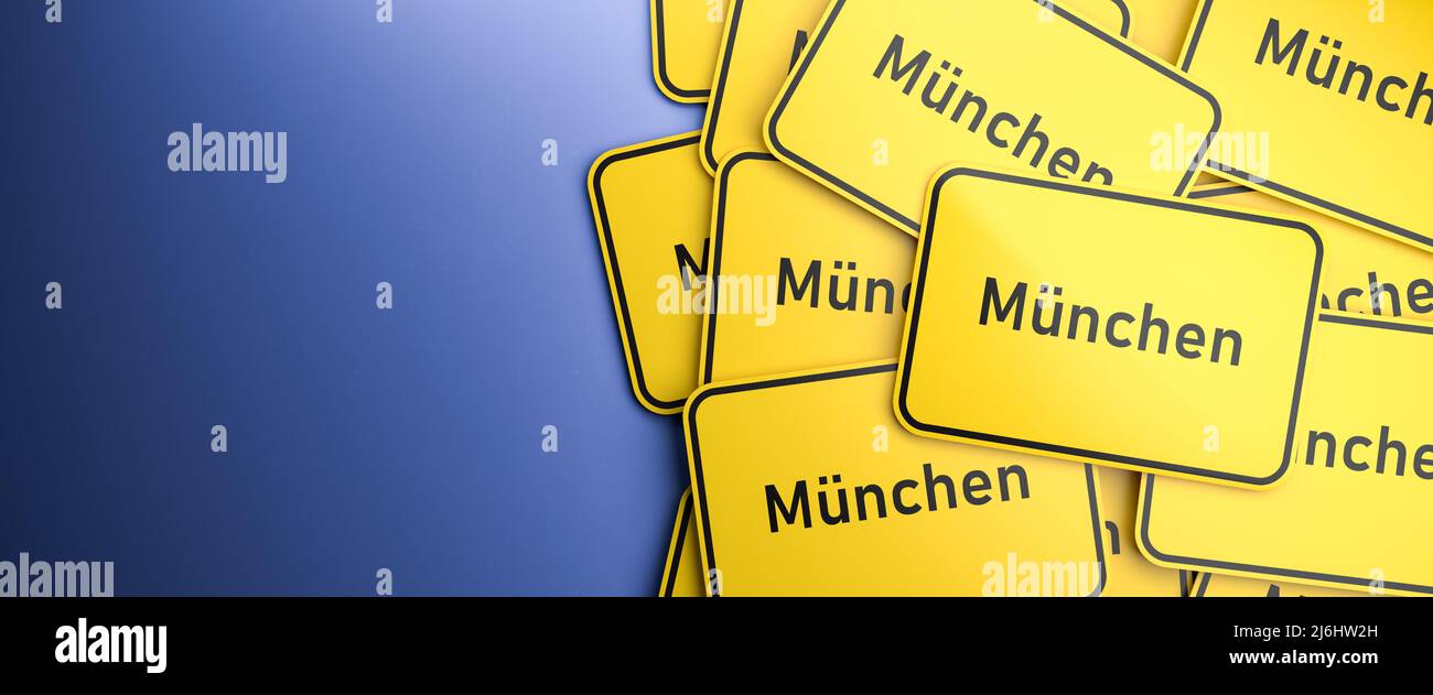 Mehrere München / München Stadtbegrenzungsschilder auf einem Haufen. München ist die Hauptstadt des deutschen Freistaates Bayern. Das typische gelbe Stadtgrenzschild fo Stockfoto