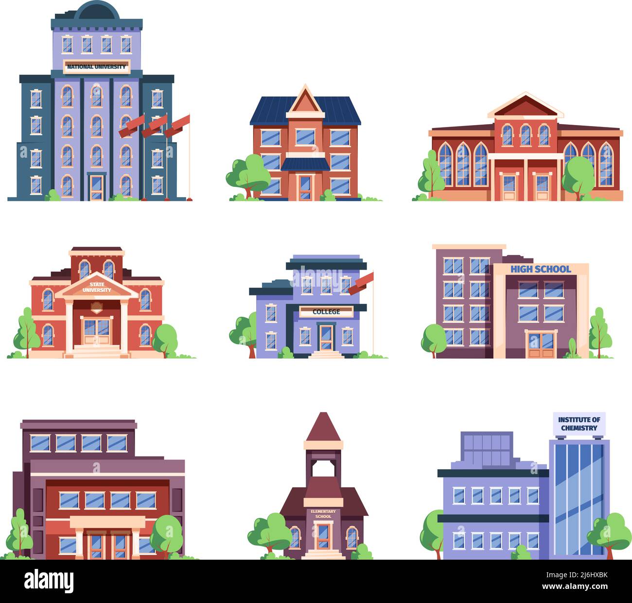Schulfassaden. Städtische Gebäude für Bildungsbauten grelle Vektor-flache Illustrationen Stock Vektor
