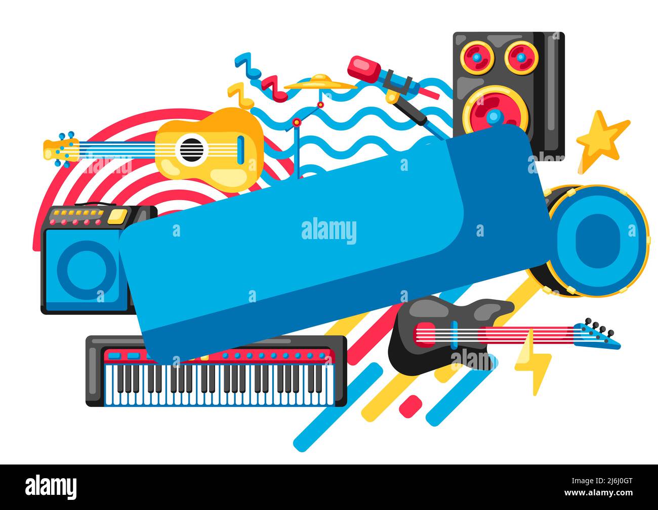 Hintergrund mit Musikinstrumenten. Musik Party oder Festival Illustration. Stock Vektor