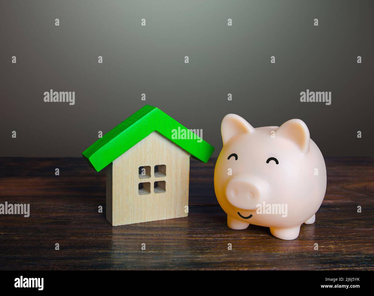 Zufriedene Sparschwein in der Nähe des Hauses. Kostengünstige Versorgungsunternehmen und hohe Energieeffizienz. Die Unterbringung umweltfreundlicher Technologien. Autonomie und Selbstversorgung. Wirtschaftlichkeit Stockfoto