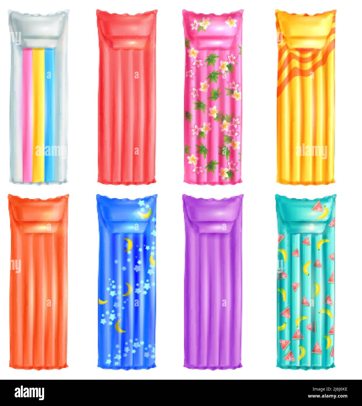 Realistische aufblasbare Matratze. 3D Gummi-Floß aufblasbare Matte Pool Schwimmbad schlafen, Luft Kissen Draufsicht Outdoor Strand Party Meer Zubehör, Vektor-Illustration. Aufblasbare realistische Matratze Stock Vektor