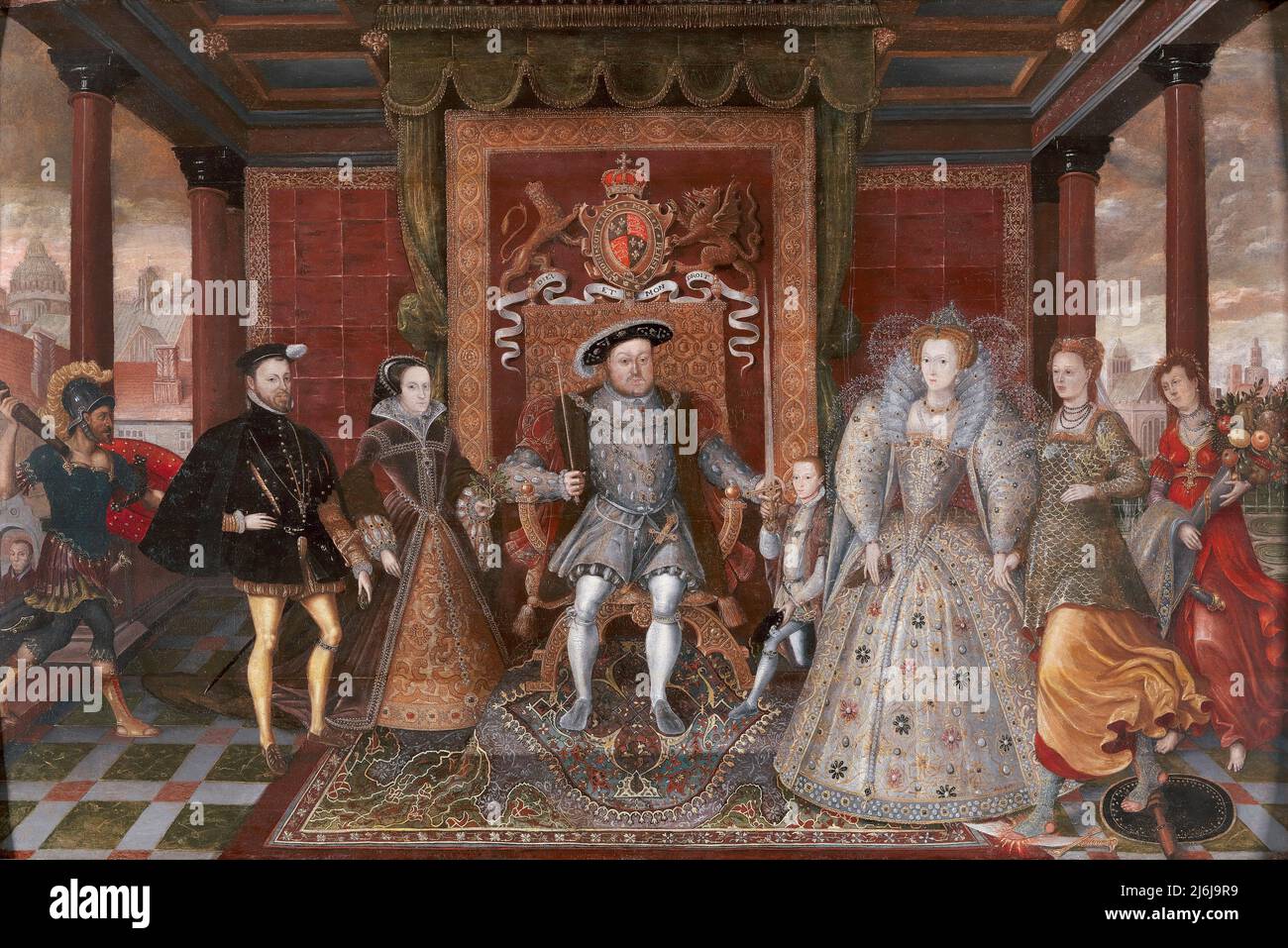 Eine Allegorie der Tudor-Nachfolge: Die Familie Heinrichs VIII. Unbekannter Künstler, 16. Jahrhundert ca. 1590. Stockfoto