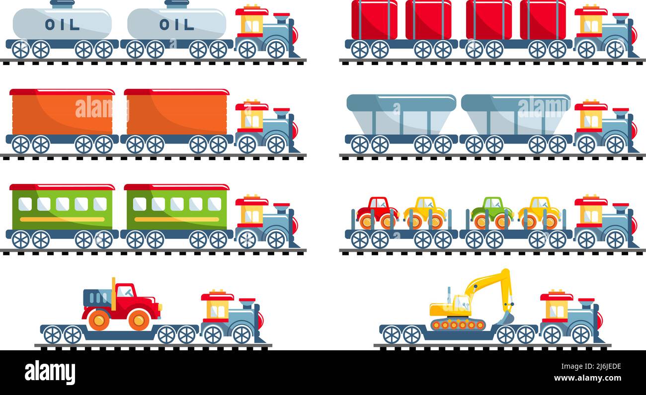 Verschiedene Arten von Spielzeug Eisenbahn Transport. Set von verschiedenen Eisenbahn-Spielzeug in flachen Cartoon-Stil auf weißem Hintergrund: Zug, Lokomotive, Wagen, Auto Stock Vektor