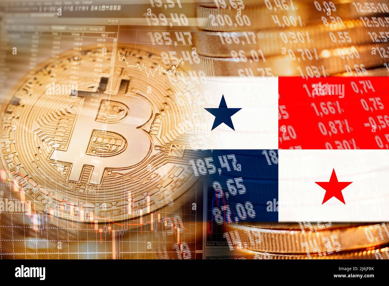 Bitcoin mit Finanzmarktsymbolen und Flagge Panamas Stockfoto