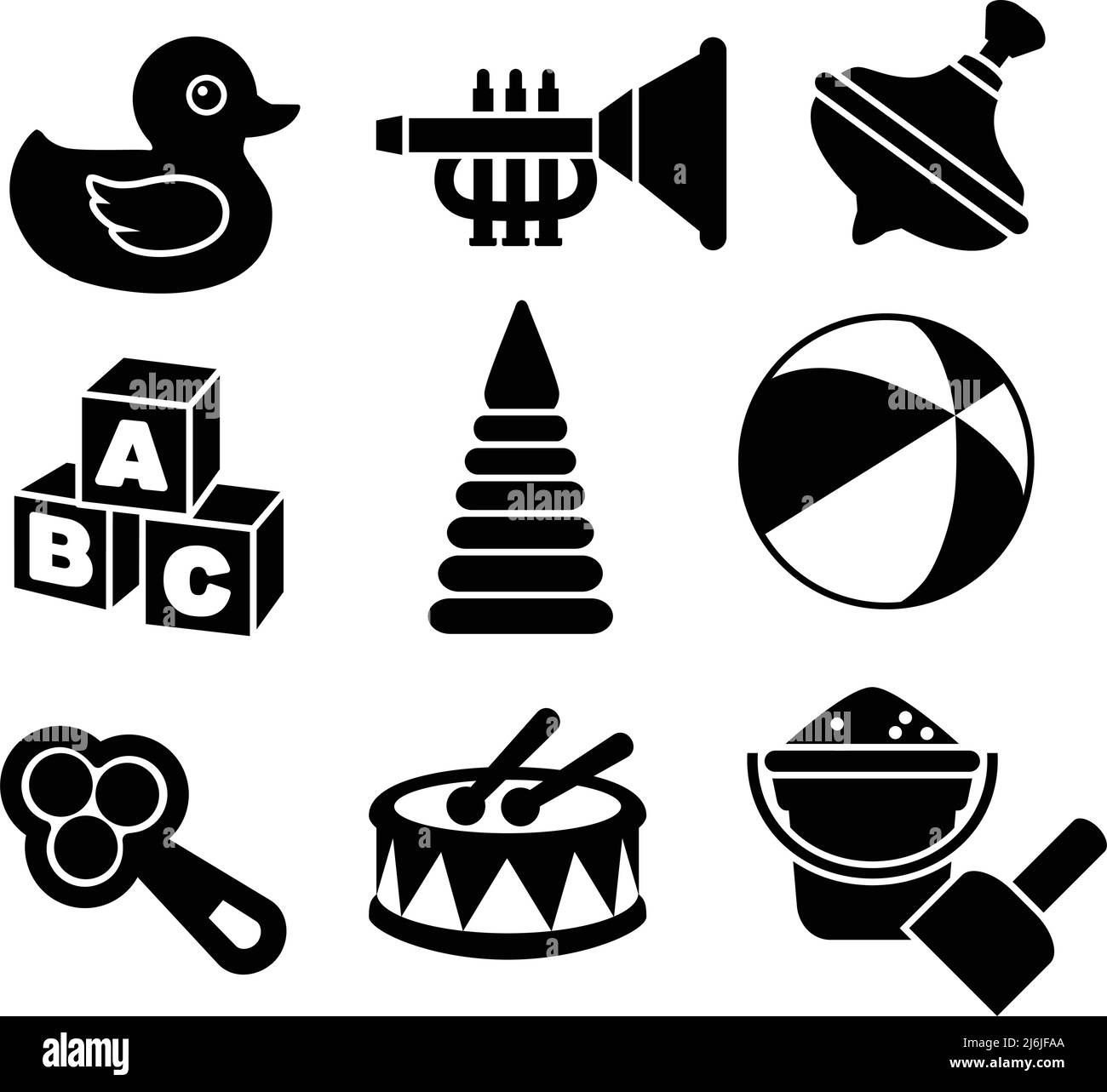 Illustration der neun verschiedenen Spielzeuge auf weißem Hintergrund. Vektorgrafik Stock Vektor