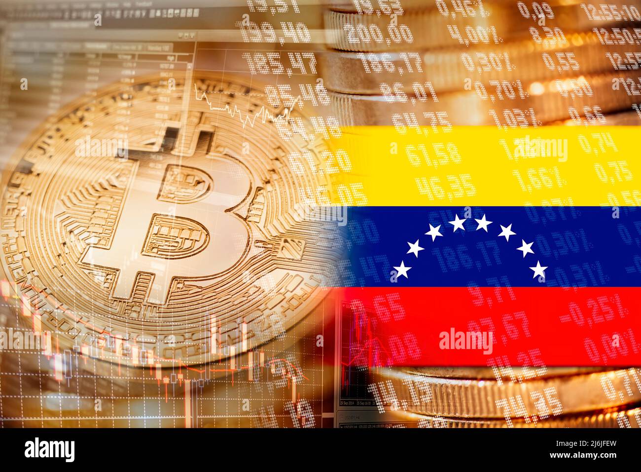 Bitcoin mit Finanzmarktsymbolen und Flagge Venezuelas Stockfoto