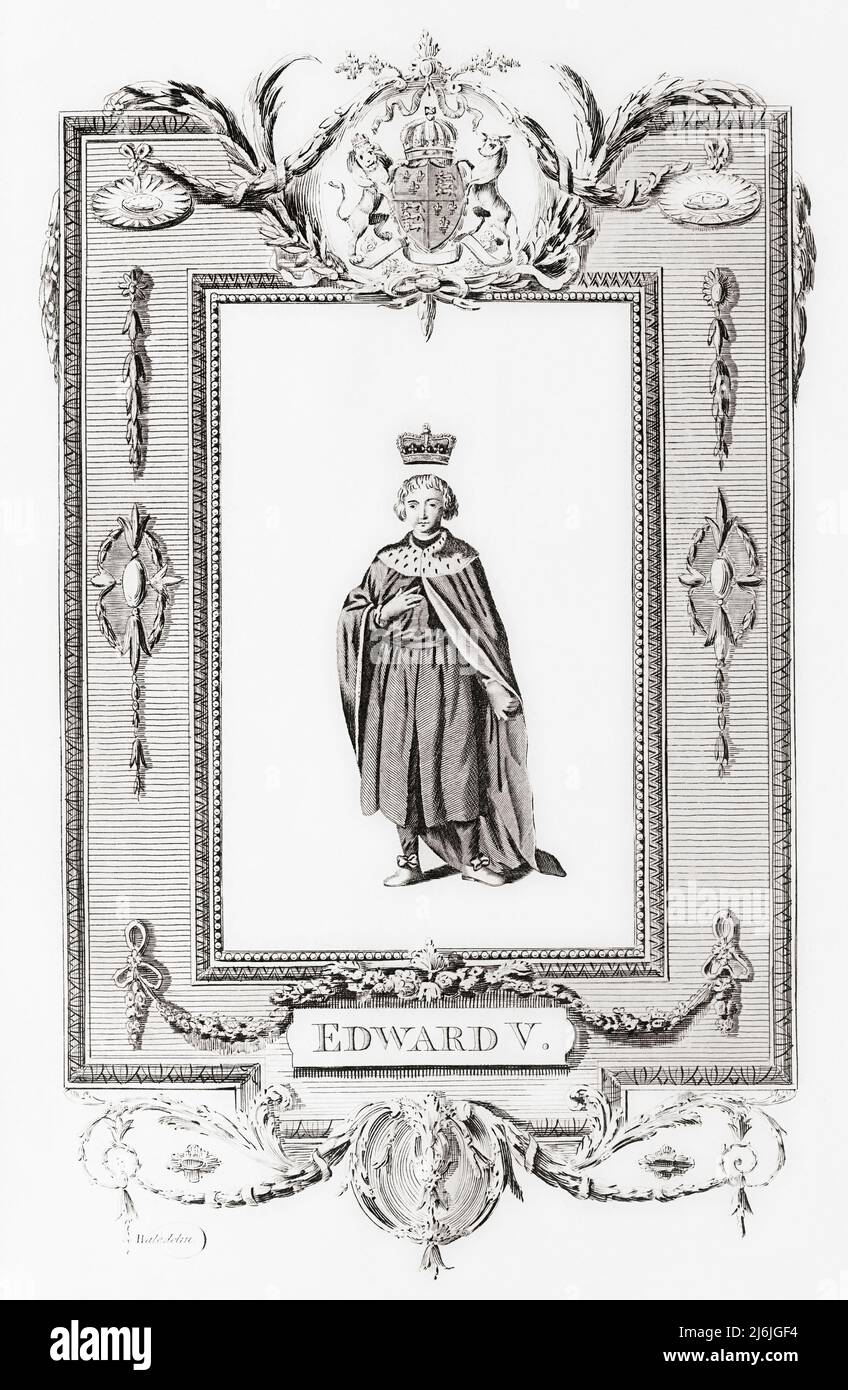 Edward V., 1470 – 1483. König von England für zwei Monate, bis er abgesetzt wurde. Er war einer der beiden Prinzen im Turm, die zusammen mit Richard Shrewsbury, dem Herzog von York, ermordet worden sein sollen. Nach einem Stich aus der Neuen, unparteiischen und vollständigen Geschichte Englands von Edward Barnard, veröffentlicht in London 1783. Stockfoto