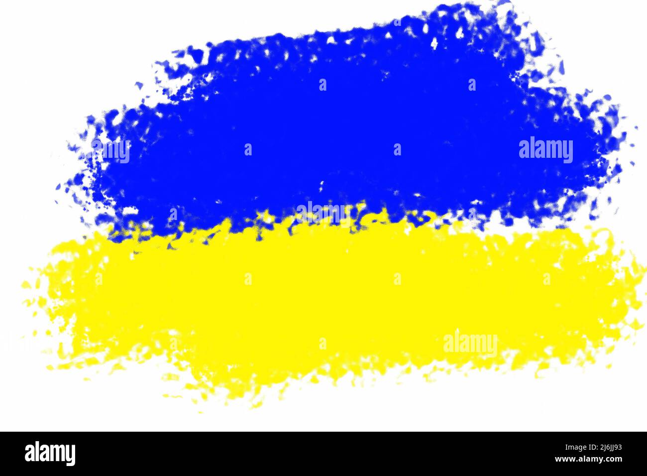 Flagge der Ukraine mit einem friedlichen blauen Himmel mit weißen Wolken und einem gesät Feld. Russlands militärische Aggression gegen die Ukraine. Krieg, kein Krieg in der Ukraine Stockfoto