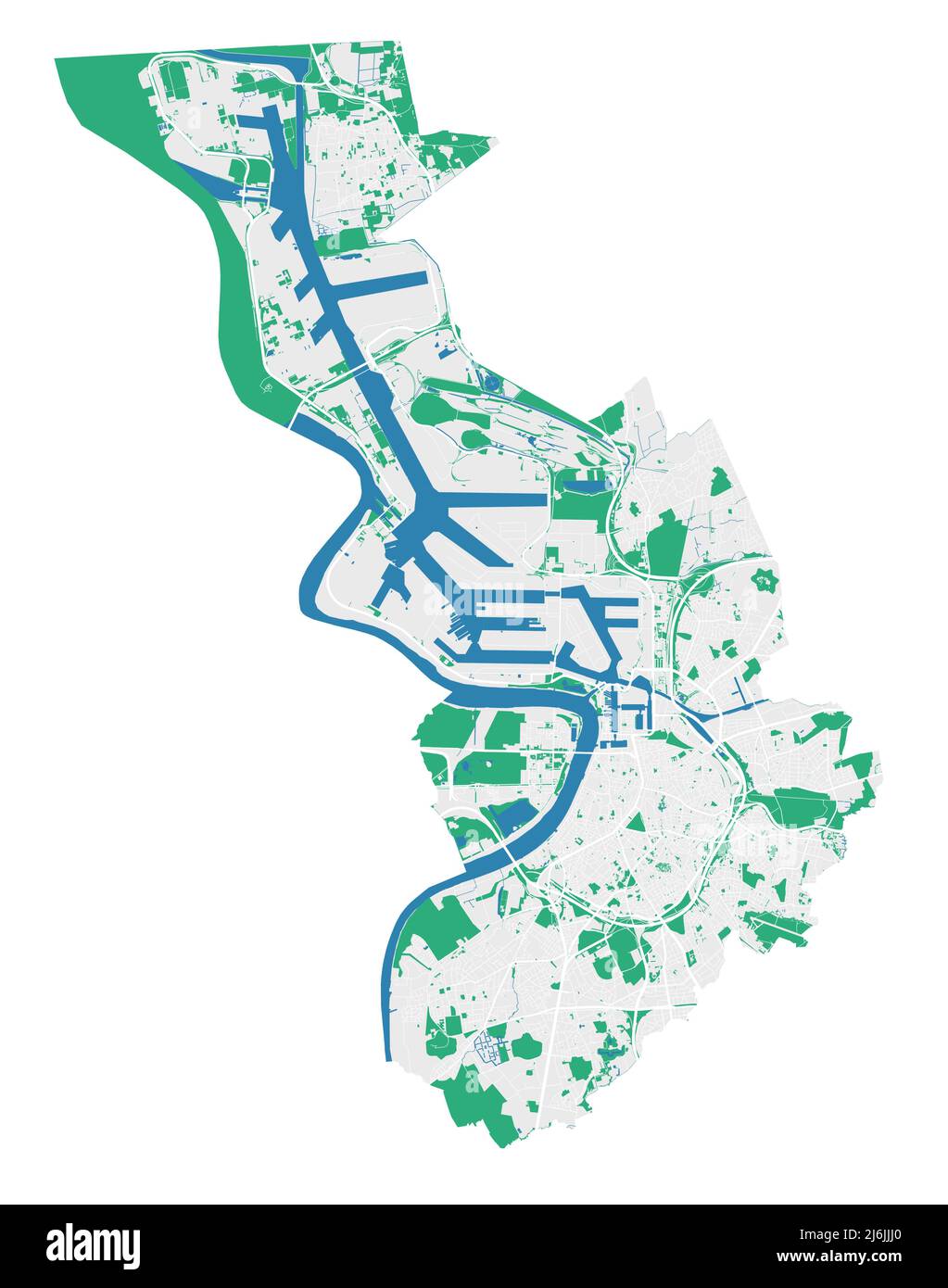 Karte von Antwerpen. Detaillierte Karte des Verwaltungsgebiets der Stadt Antwerpen. Stadtbild-Panorama. Lizenzfreie Vektorgrafik. Übersichtskarte mit Autobahnen, Straße Stock Vektor