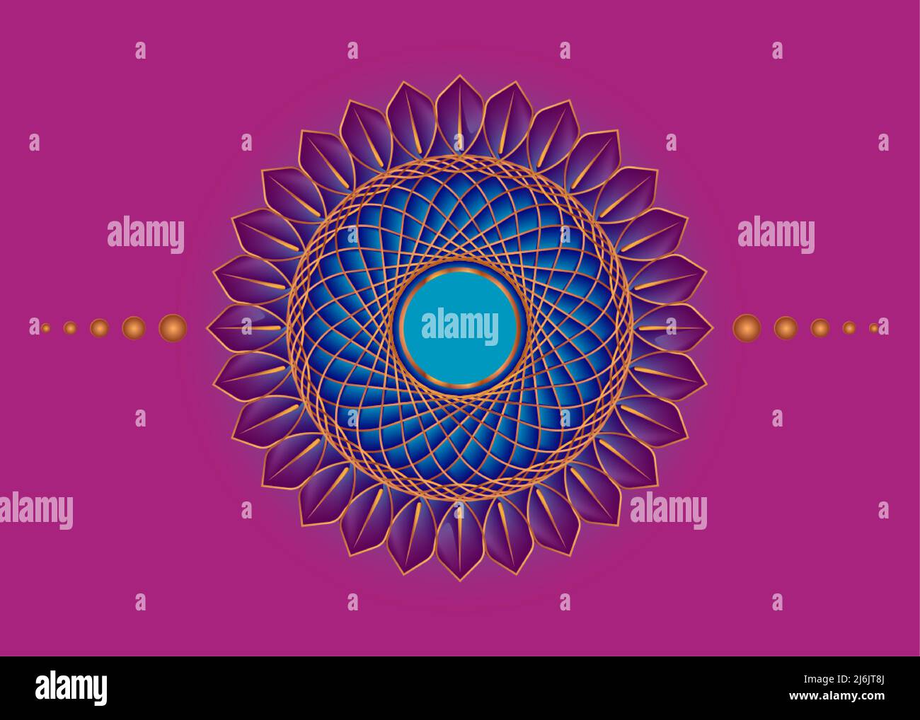 Heilige Geometrie Mandala, blaue Blume Gold meditative Kreis-Ikone, geometrisches Logo Design, mystische religiöse Rad, indische Chakra Konzept, Vektor-Zeichen Stock Vektor