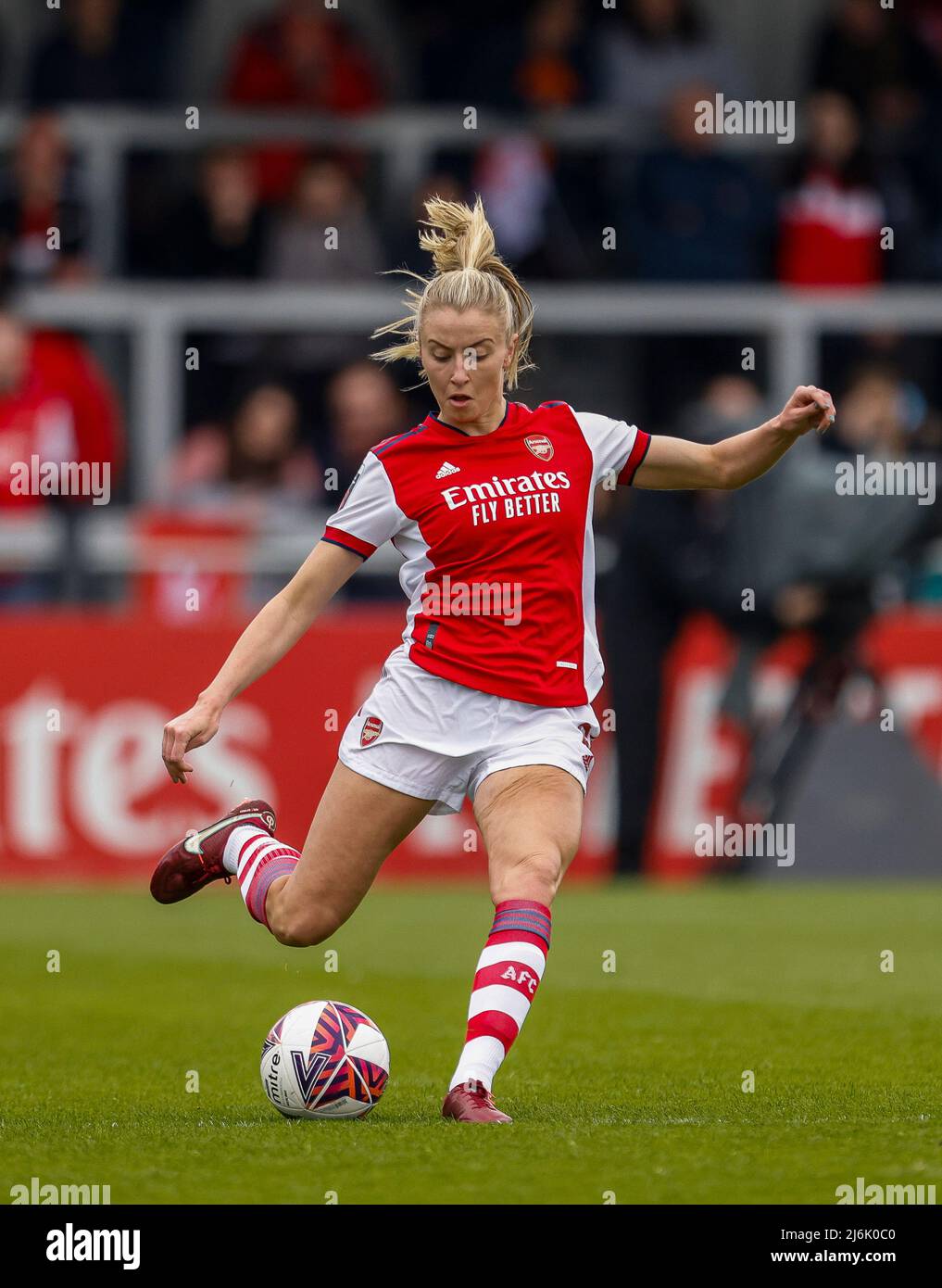 Leah Williamson von Arsenal in Aktion während des Spiels der Barclays FA Women's Super League im LV Bet Stadium Meadow Park, Borehamwood. Bilddatum: Sonntag, 1. Mai 2022. Stockfoto