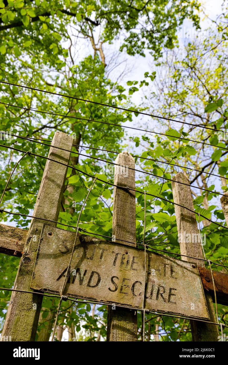 Schließen Sie das Tor Schild Hirschschutz Zaun Hayley Wood, Cambs Stockfoto