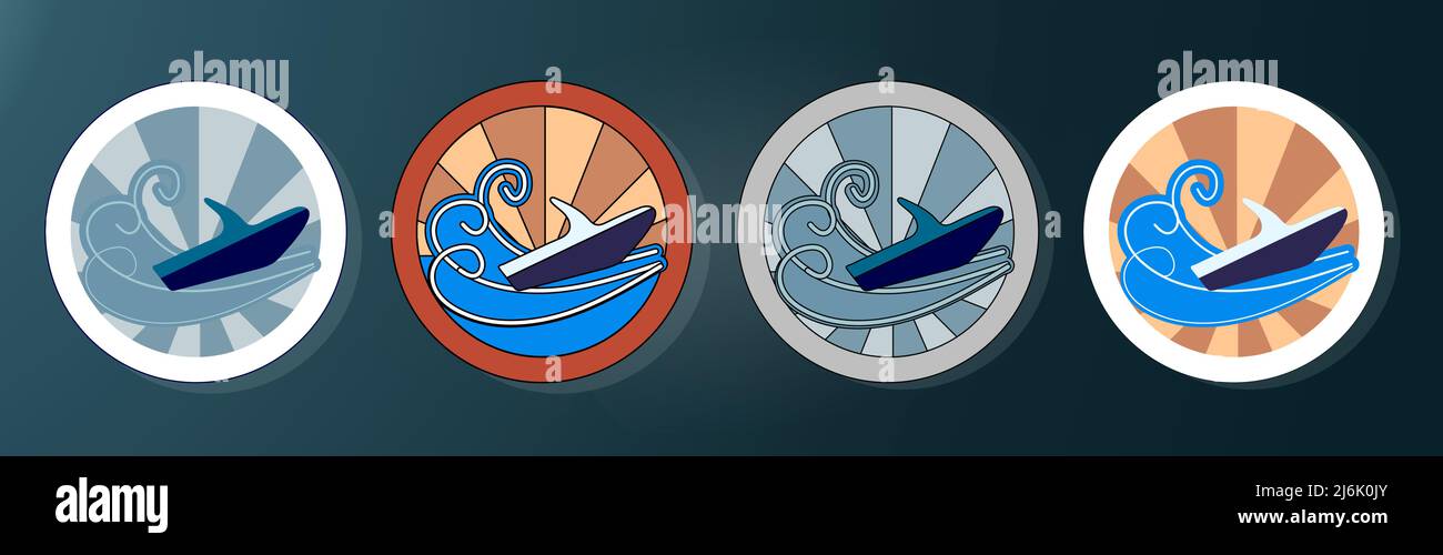 Stilisierte Illustration eines Wasserrollers. Jetski, Wellen und Sonnenuntergang. Rundes Emblem. Aufkleber oder Stickerei für den Wassertransport. Stock Vektor