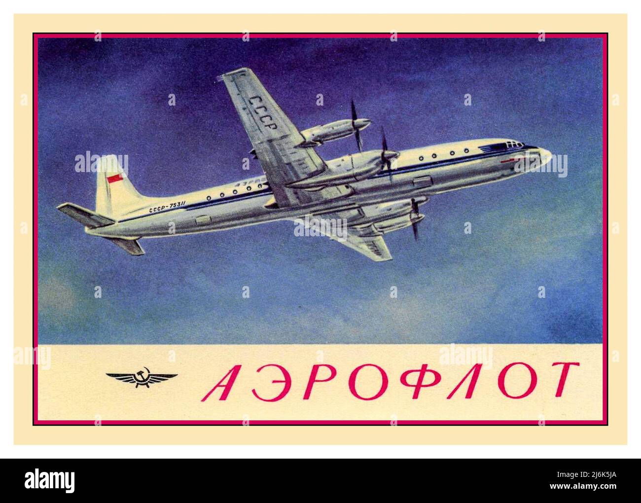 1960 Aeroflot Iljuschin II 18 russisches CCCP-Passagierflugzeug, Werbepostkarte während des Fluges Stockfoto