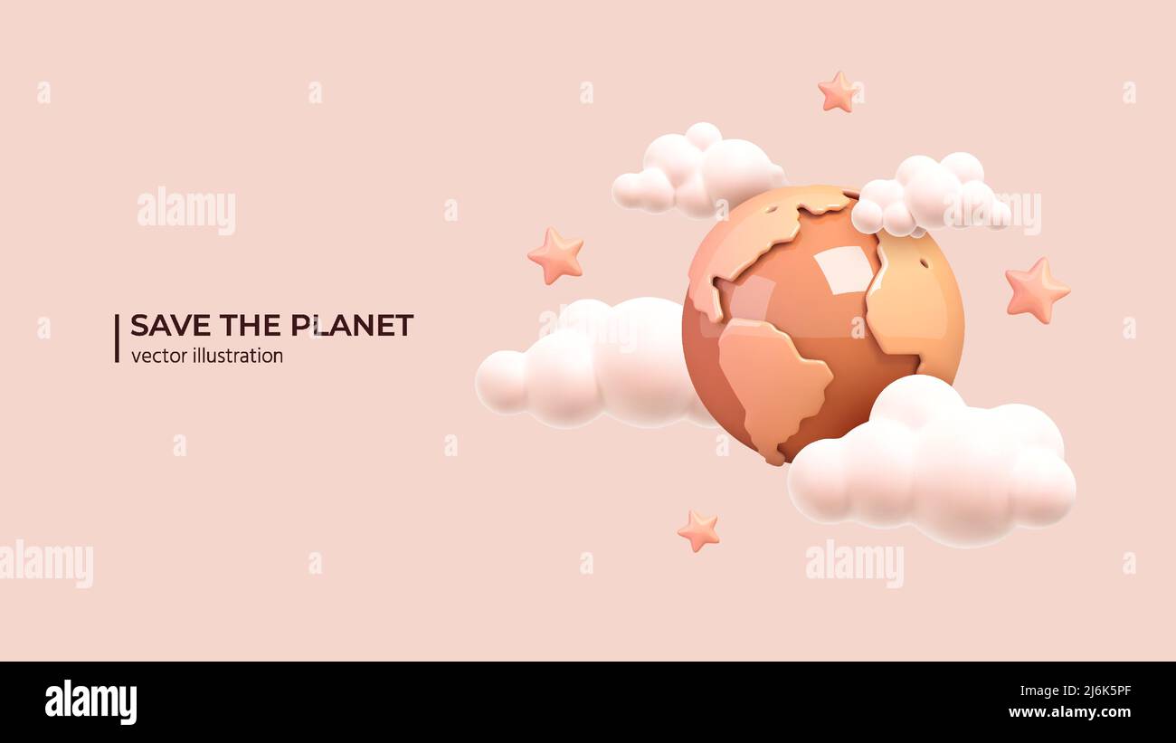 Realistischer 3D Planet mit Wolken und Sternen um ihn herum. Internationaler Tag Der Mutter Erde. Umweltprobleme und Umweltschutzkonzept im Cartoon-Minimal-Stil. Vektorgrafik Stock Vektor