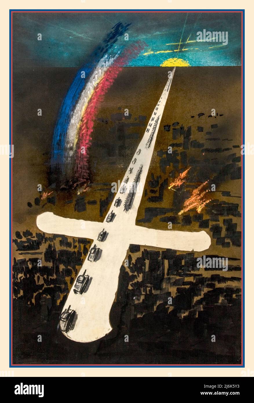 WW2 Propagandaplakat 'Einheit der Stärke' mit Panzern, die in Form eines Schwertes in eine Sonne am Horizont zeigen, mit französischen Trikolorfarben als Regenbogen Stockfoto