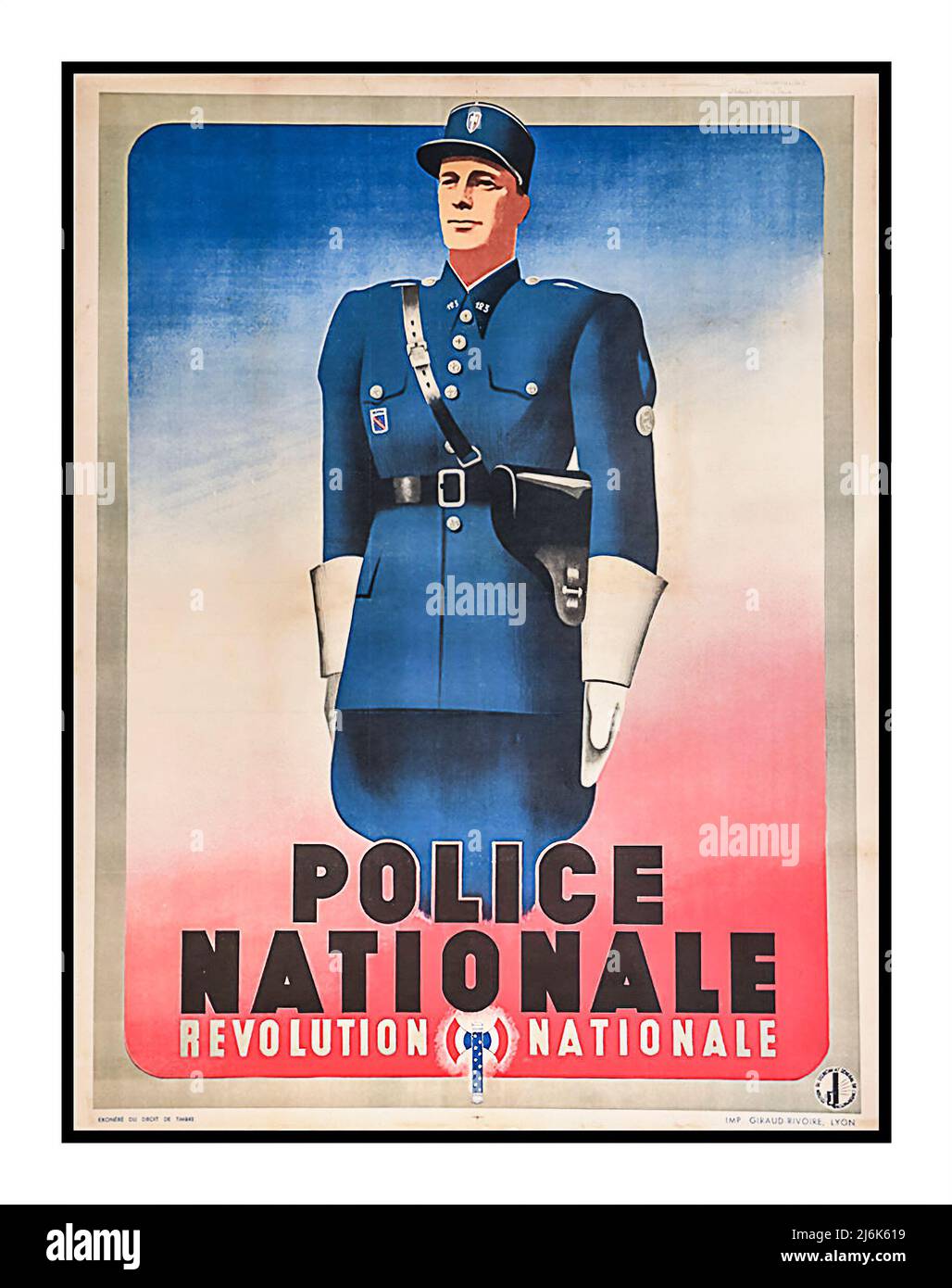 Vintage Vichy France WW2 Poster National Police National Revolution“: Propagandaplakat für die Rekrutierung der Nationalen Polizei im Rahmen der Nationalen Revolution des Vichy-Regimes, Ausgabe des Generalsekretariats für Information, Giraud-Rivoire Druckerei in Lyon, Ende 1941 - Anfang 1942 (Police nationale Revolution nationale » : affiche de propagande pour le recrutement de la Police nationale dans le cadre de la Révolution nationale du régime de Vichy, Édition du Secrétariat Général de l’Information, imprimerie Giraud-Rivoire à Lyon, fin 1941 - Début 1942) Stockfoto