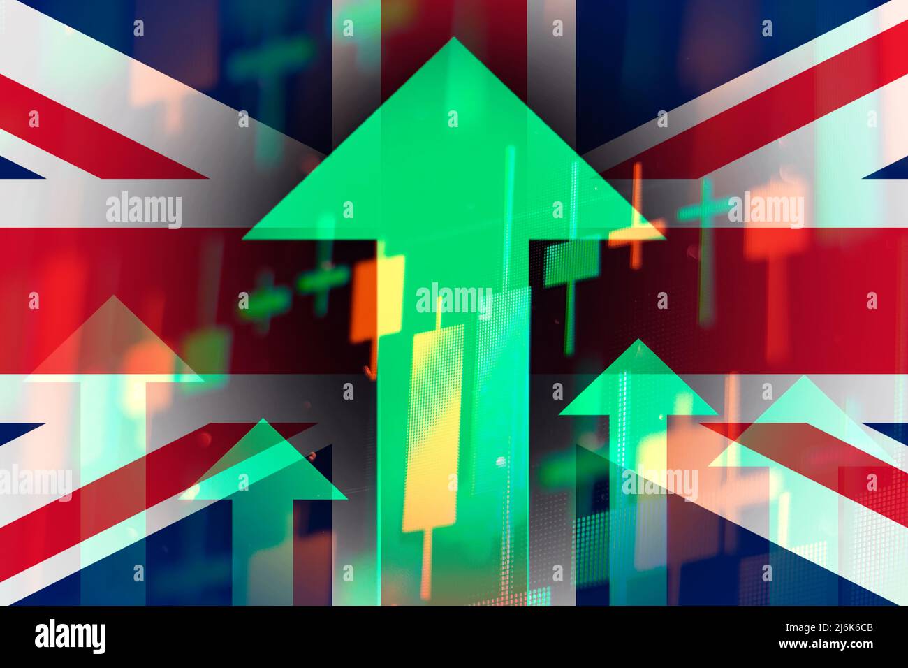 Steigende grüne Pfeile, die eine Verbesserung der Wirtschaft oder das Wachstum der Aktien an der britischen Börse zeigen Stockfoto