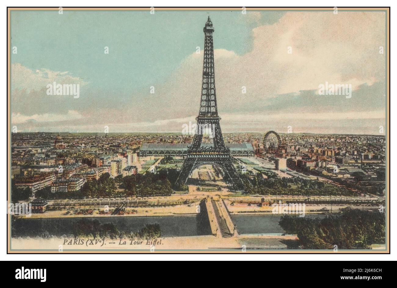 PARIS (XVe) 1900s Vintage Retro Eiffelturm und seine Tourist Alte Postkarte Ansicht 'La Tour Eiffel' Paris Frankreich Landschaft Luftaufnahme Historisches Alt Paris Illustration Stockfoto