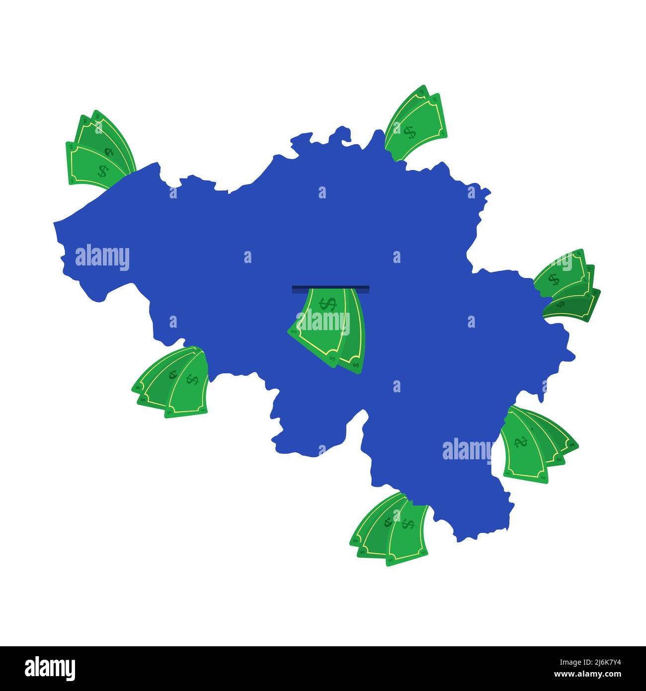 Belgien Karte in blau mit Geldscheinen um. Geld verlässt das Zentrum des Landes. Wirtschaft des belgischen Landes. Weißer Hintergrund. Isoliert. Stock Vektor