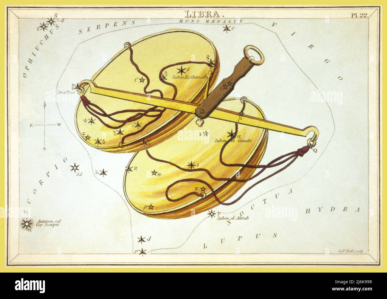 Waage 'Vintage Star Sign 1800s Illustration, Tafel 22 in Uranias Spiegel, ein Satz Himmelskarten, begleitet von einer bekannten Abhandlung über Astronomie ... von Joshaphat Aspin. London. Astronomische Karte, 1 Druck auf geschichteter Papptafel : Radierung, handkoloriert. Datum 1825 Stockfoto