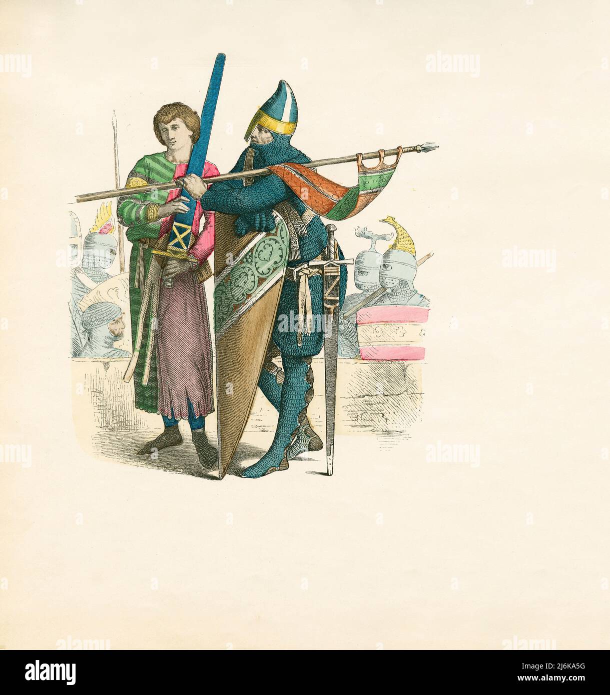 Squire and Knight, First Crusade, 11. Century, Illustration, The History of Costume, Braun & Schneider, München, Deutschland, 1861-1880 Stockfoto