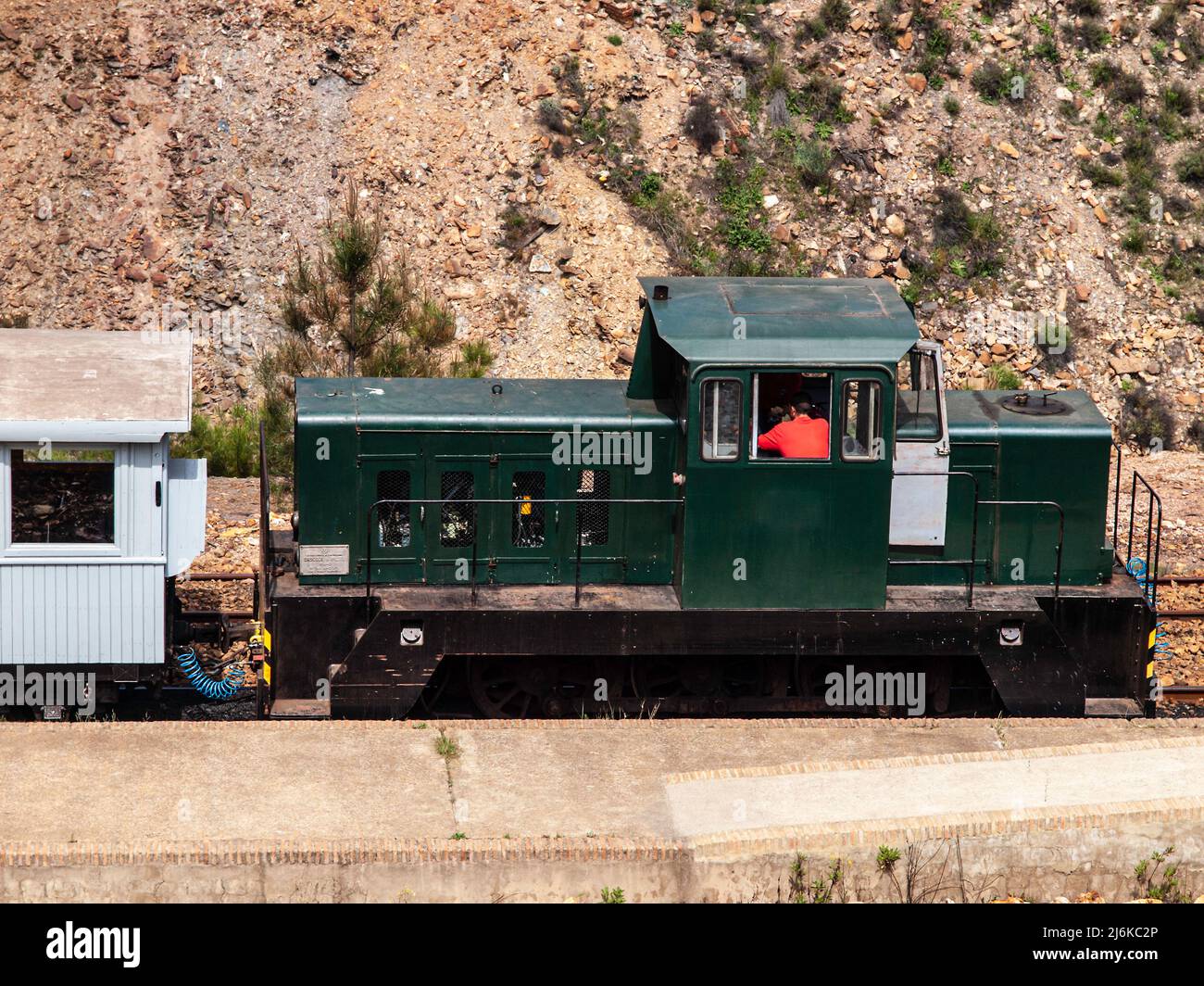 Hölzerner Touristenzug in Riotinto Stockfoto