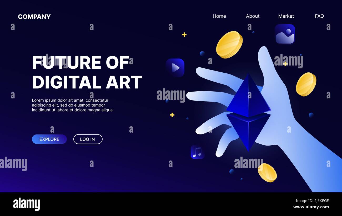 Blaue Illustration des Marktplatzes für digitale Kunst. Landing Web Page Futuristisches Design. Vektorgrafik Stock Vektor