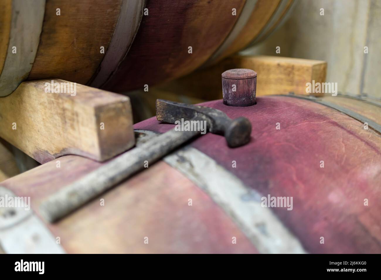 Holzeichenfässer in einem Weingut in der Nähe von Batorove Kosihy, Slowakei Stockfoto